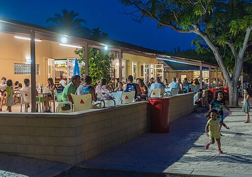 Levendig restaurantterras met families en kinderen op camping CAPFUN Alba in CREIXELL (43).