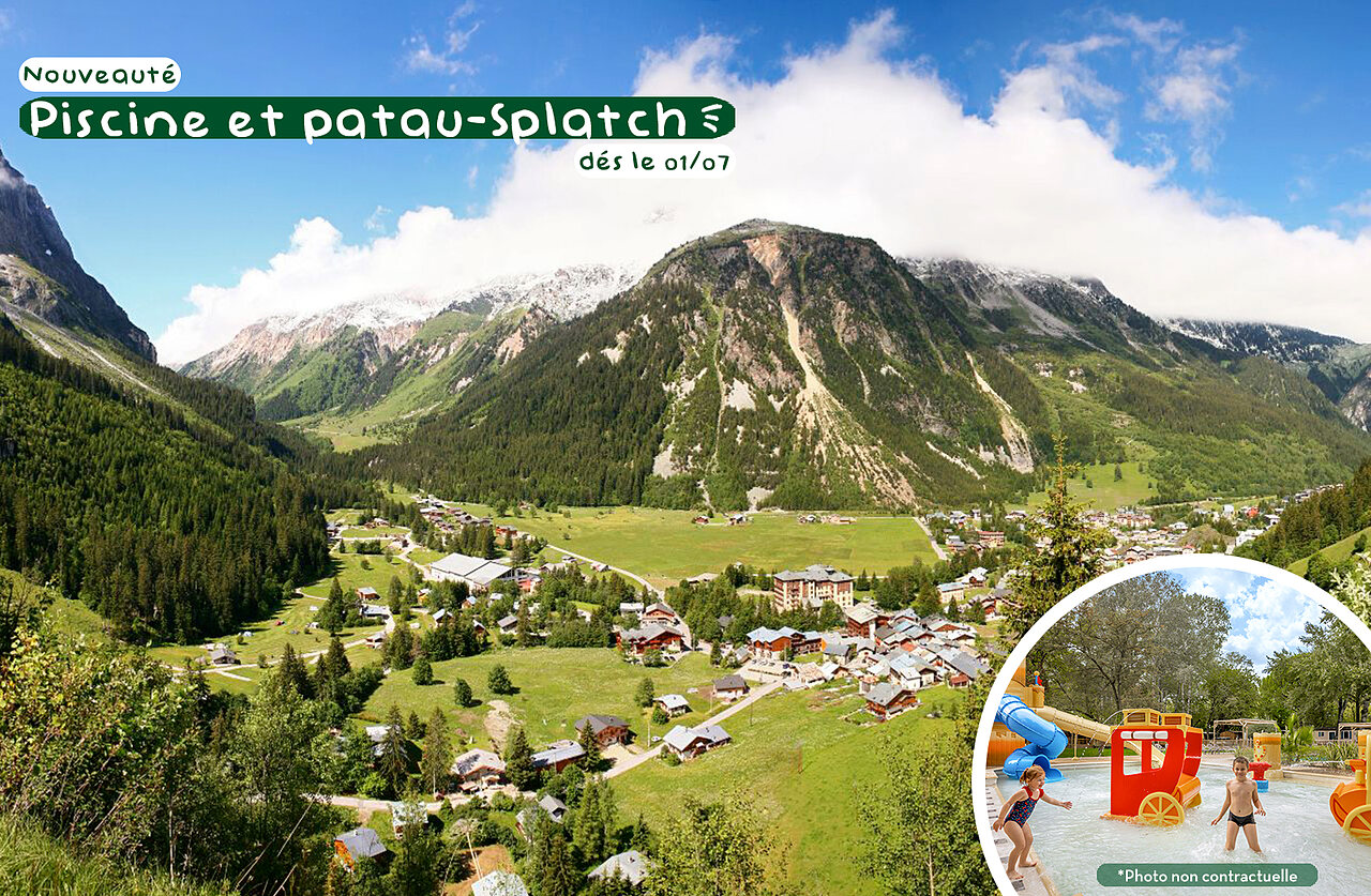 Speels patau-splatch en kinderzwembad op camping CLICOCHIC Alpes Lodges in Pralognan la Vanoise.