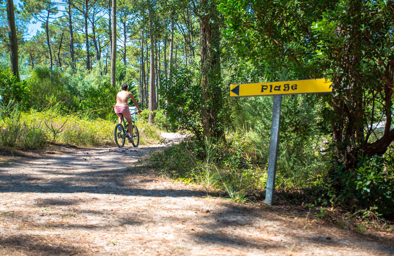Naturistische fietser op bospad richting strand op camping LIBRANOO Naturiste Arnaoutchot in Veille-Saint-Girons, Landes, Frankrijk.