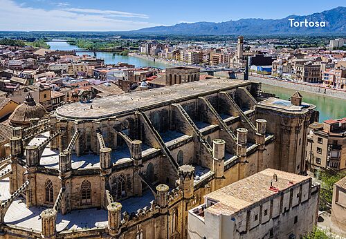Luchtfoto van de kathedraal van Tortosa en de rivier de Ebro, Tarragona.