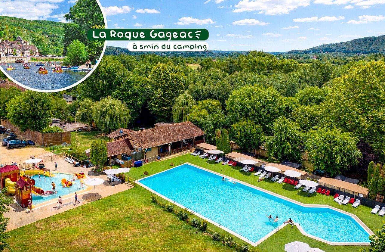 Buitenzwembad, waterspeeltuin met glijbanen op camping CLICOCHIC Beau Rivage in LA ROQUE-GAGEAC (24).