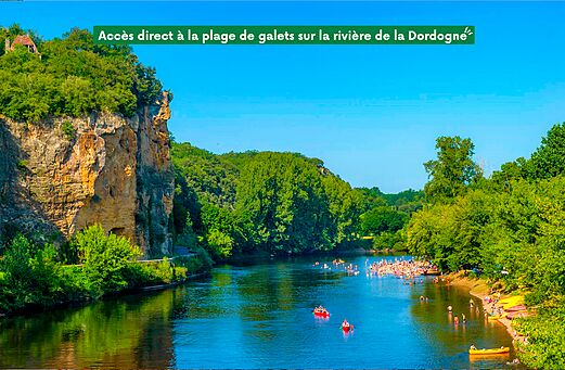Kiezelstrand en zwemmen in de rivier op camping CLICOCHIC Beau Rivage.