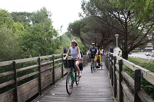 Familie fietst op houten fietspad op camping CLICOCHIC Bimbo in BISCARROSSE (40).