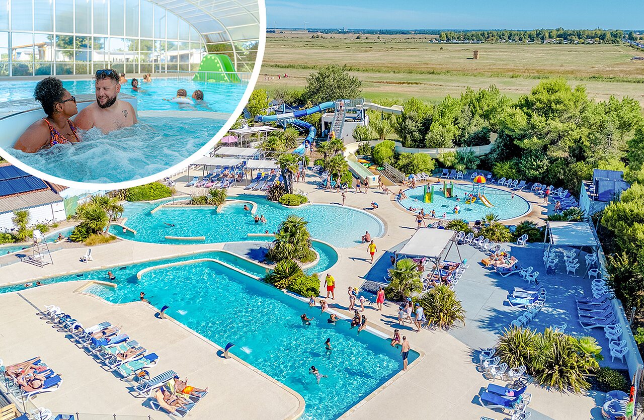 Buitenbaden, glijbanen, binnenjacuzzi op camping VAGUES OCEANES Blancs Ch�nes.