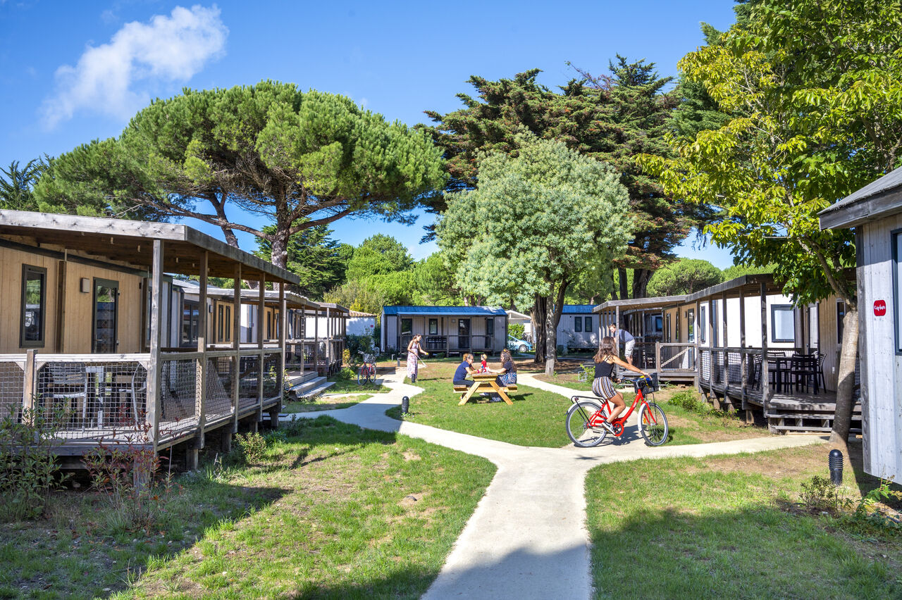 Stacaravans, paden en fiets op camping CAPFUN Bonne Etoile in BOIS PLAGE EN RE (17).