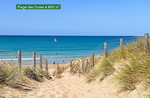 Duinenstrand, zandpad naar de zee, camping CLICOCHIC Brandais.