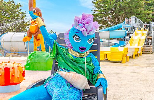 Campingmascotte bij waterglijbanen op camping CLICOCHIC Brandais in Brem sur Mer.