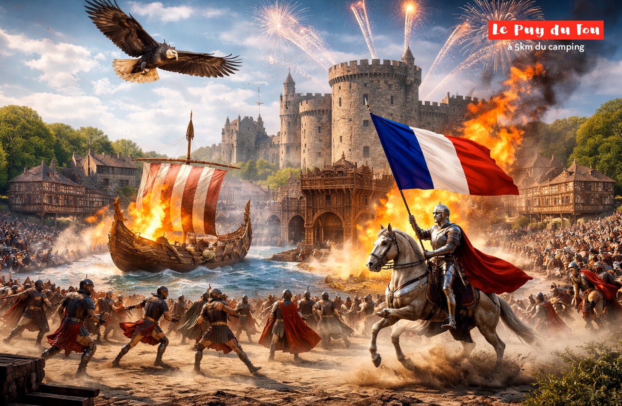 Groots historisch spektakel in Puy du Fou, themapark nabij de camping.