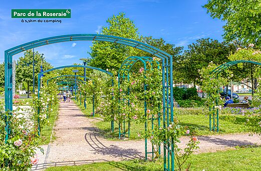 Bloemenpad met rozenbogen in het Rozentuinpark, dichtbij de camping.