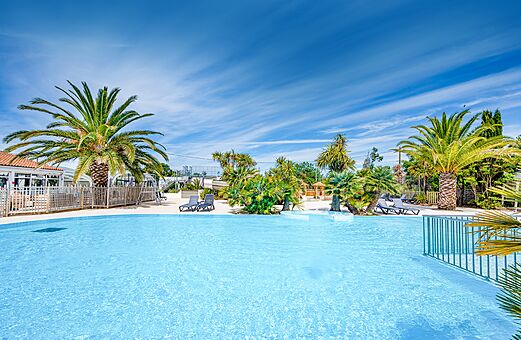 Zonnig buitenzwembad met palmbomen op camping CLICOCHIC Cabanes d Oléron in ST GEORGES D'OLERON