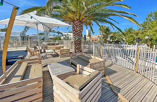 Buitenbar terras, houten meubilair, palmboom op camping CLICOCHIC Cabanes d Oléron.