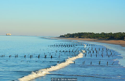 Zandstrand, palen in zee op camping CLICOCHIC Cabanes d Oléron in ST GEORGES D'OLERON (17).