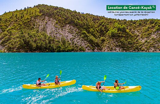 Kano-kajak verhuur op turquoise meer bij camping CLICOCHIC Castillon de Provence (04).