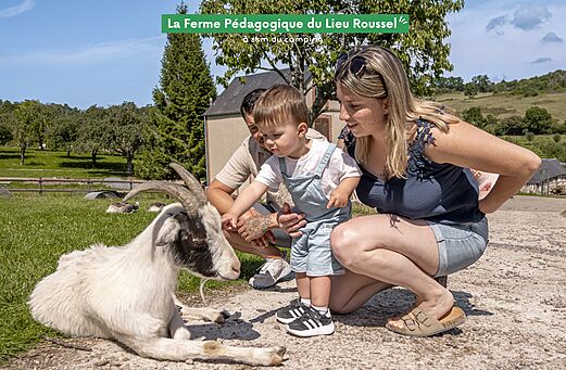 Familie met kind aait geit op de Pedagogische Boerderij van Lieu Roussel.