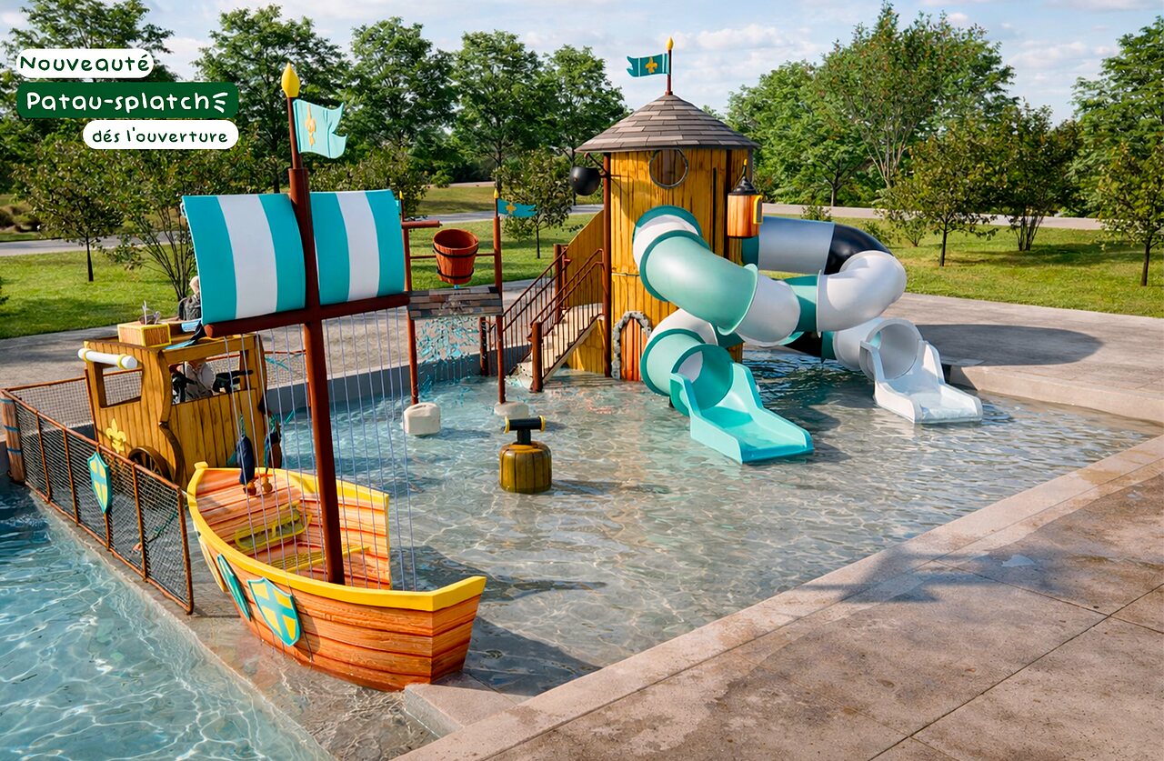 Waterspeeltuin Patau-splatch, glijbanen en piratenschip op camping CLICOCHIC (67).