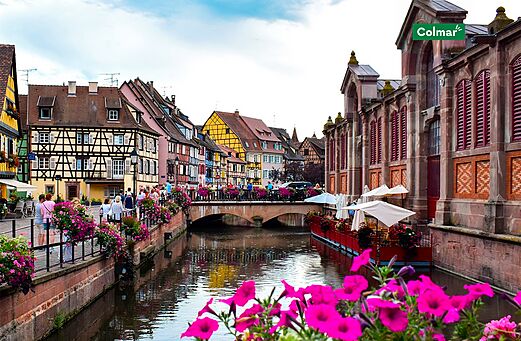 Wijk Klein Venetië in Colmar, kleurrijke huizen en bloemrijke gracht in de Elzas.