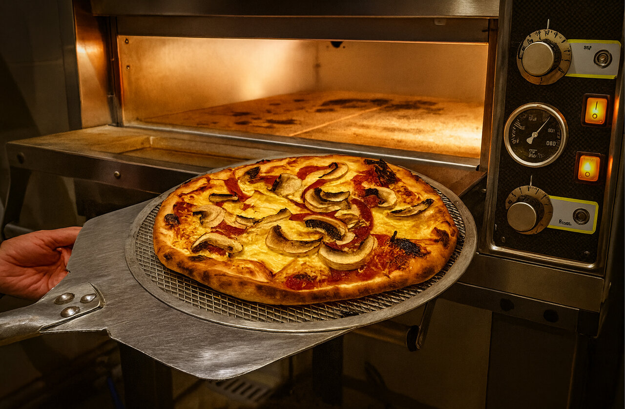 Pizza met champignons en kaas uit de oven op camping CLICOCHIC Couteli�re in Lagnes (84).