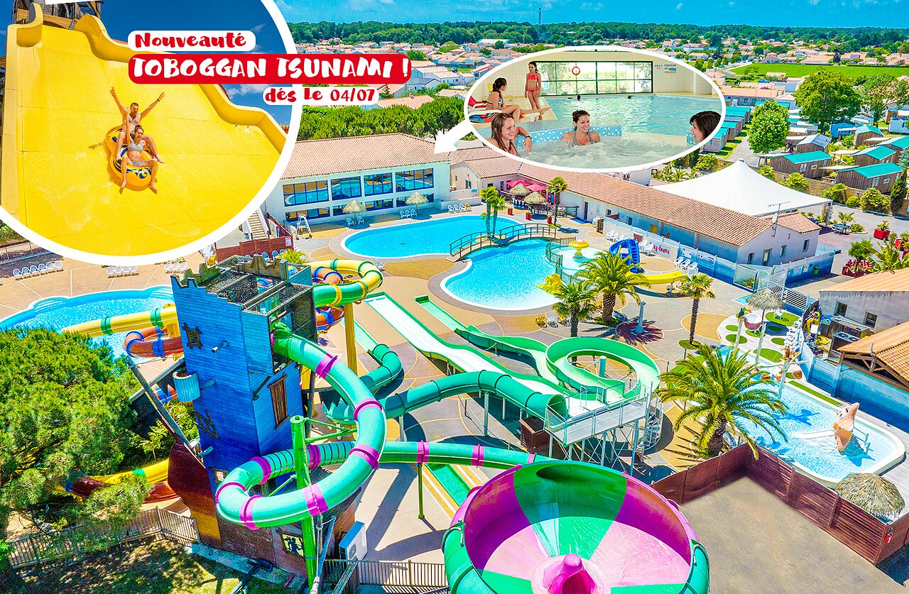 Waterglijbanen, buiten- en binnenzwembaden op CAPFUN Curty's in Jard sur Mer (85).