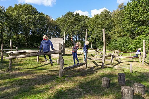 Kinderen spelen op houten avonturenparcours op camping CAPFUN De Eikenhof in Paasloo/Oldemarkt.