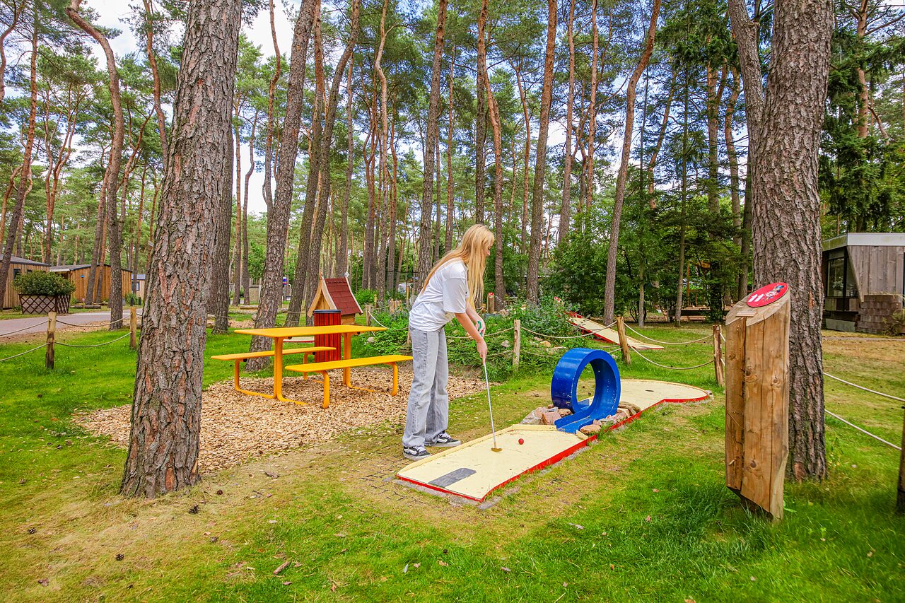 Persoon speelt minigolf tussen pijnbomen op camping CAPFUN De Scheepsbel in Doornspijk.