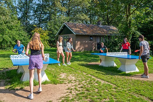 Buiten tafeltennistafels en jongeren spelend op camping CAPFUN Eibernest in Eibergen.