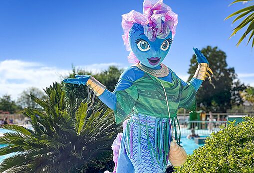 Blauw-groene zeemeermin mascotte bij zwembad op camping VAGUES OCEANES Elysée in Le Grau du Roi (30).