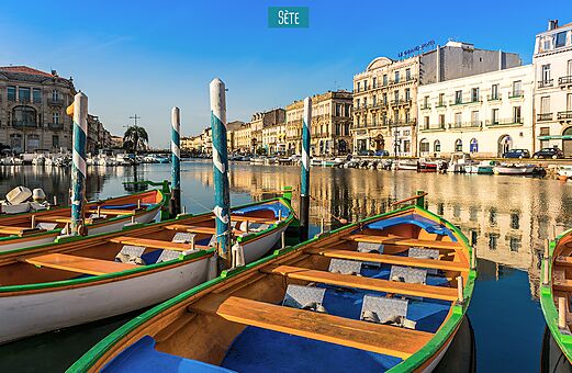 Kanaal van S�te, traditionele boten en mediterrane architectuur, stad te ontdekken in Occitani�.