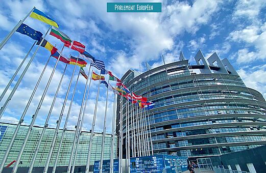 Gebouw Europees Parlement met vlaggen in Straatsburg, bezienswaardigheid in de Elzas.