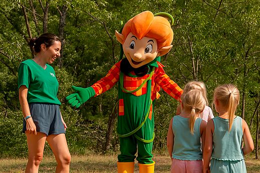 Campingmascotte vermaakt kinderen op camping CLICOCHIC Eyrieux.