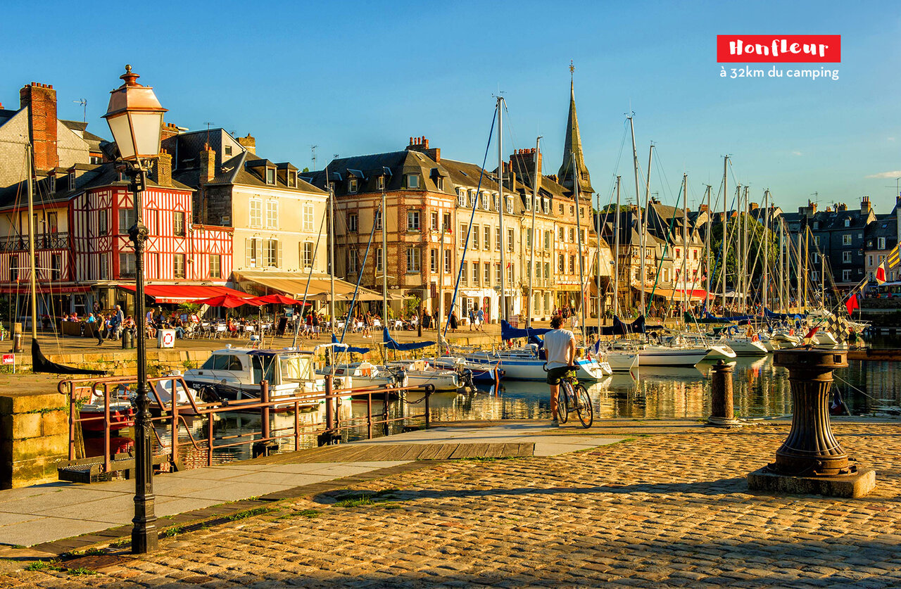Oude haven van Honfleur met kleurrijke huizen, te bezoeken nabij de camping.