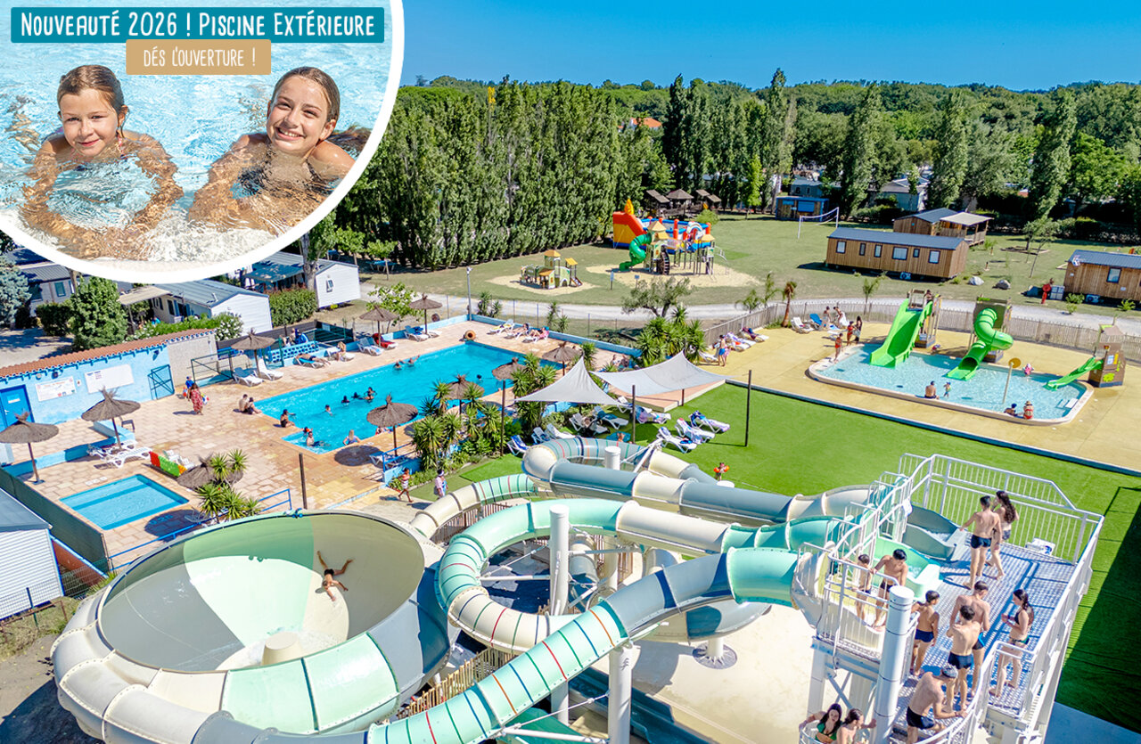 Glijbanen, buitenzwembad op camping VAGUES OCEANES Au Flamenco in Argel�s-sur-Mer (66).