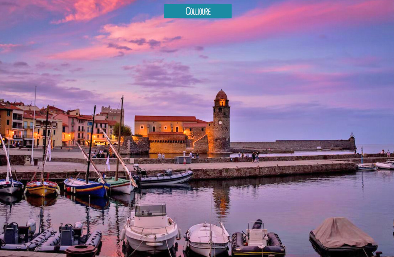 Haven van Collioure bij zonsondergang, een bezienswaardigheid nabij Argel�s-sur-Mer.
