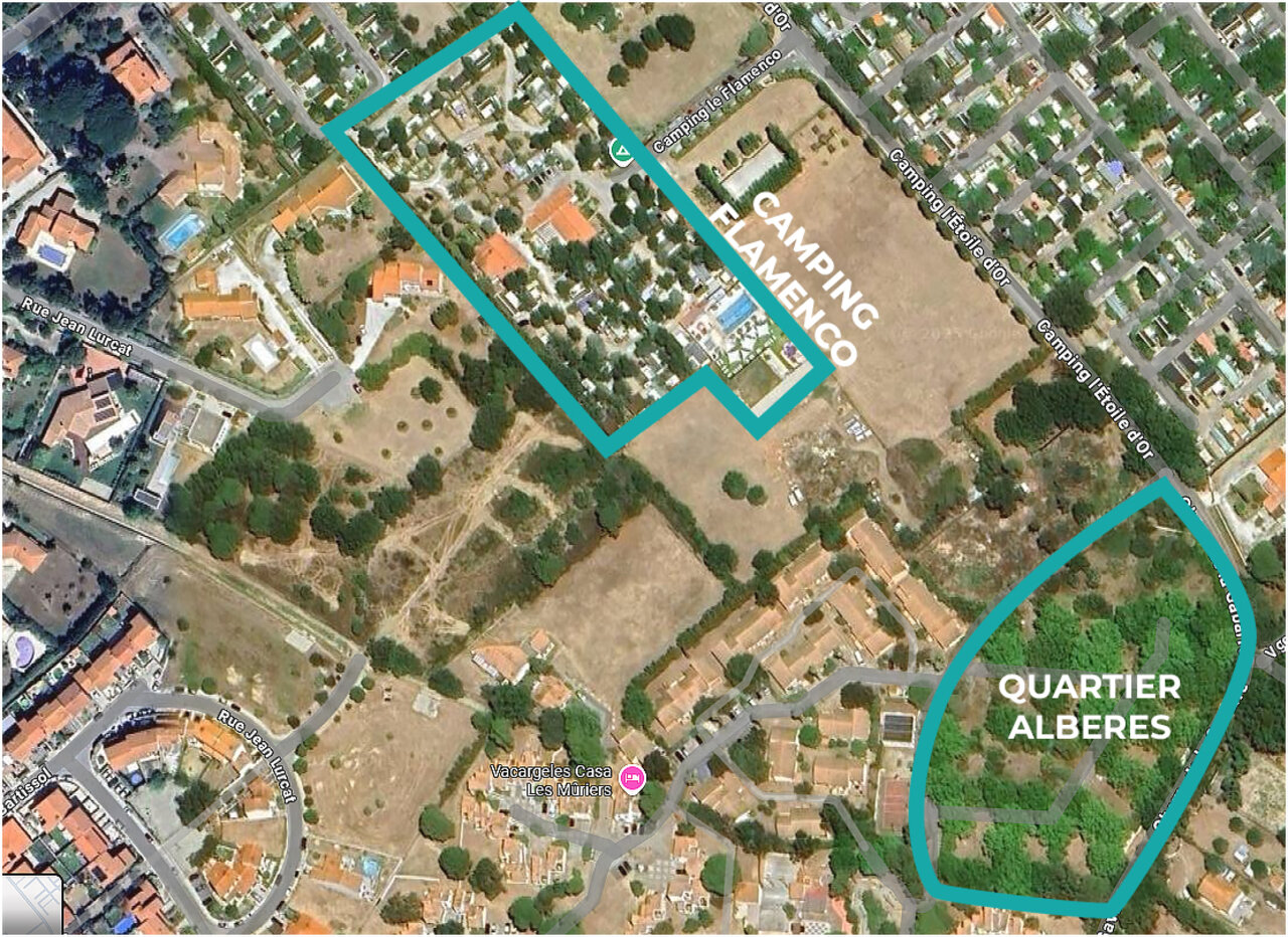 Gedetailleerde luchtfoto van camping Flamenco, indeling van staanplaatsen en faciliteiten op camping VAGUES OCEANES Au Flamenco in Argel�s-sur-Mer (66).
