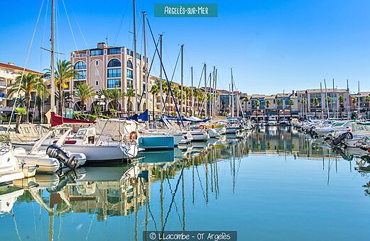 Levendige jachthaven van Argelès-sur-Mer met boten en gebouwen.
