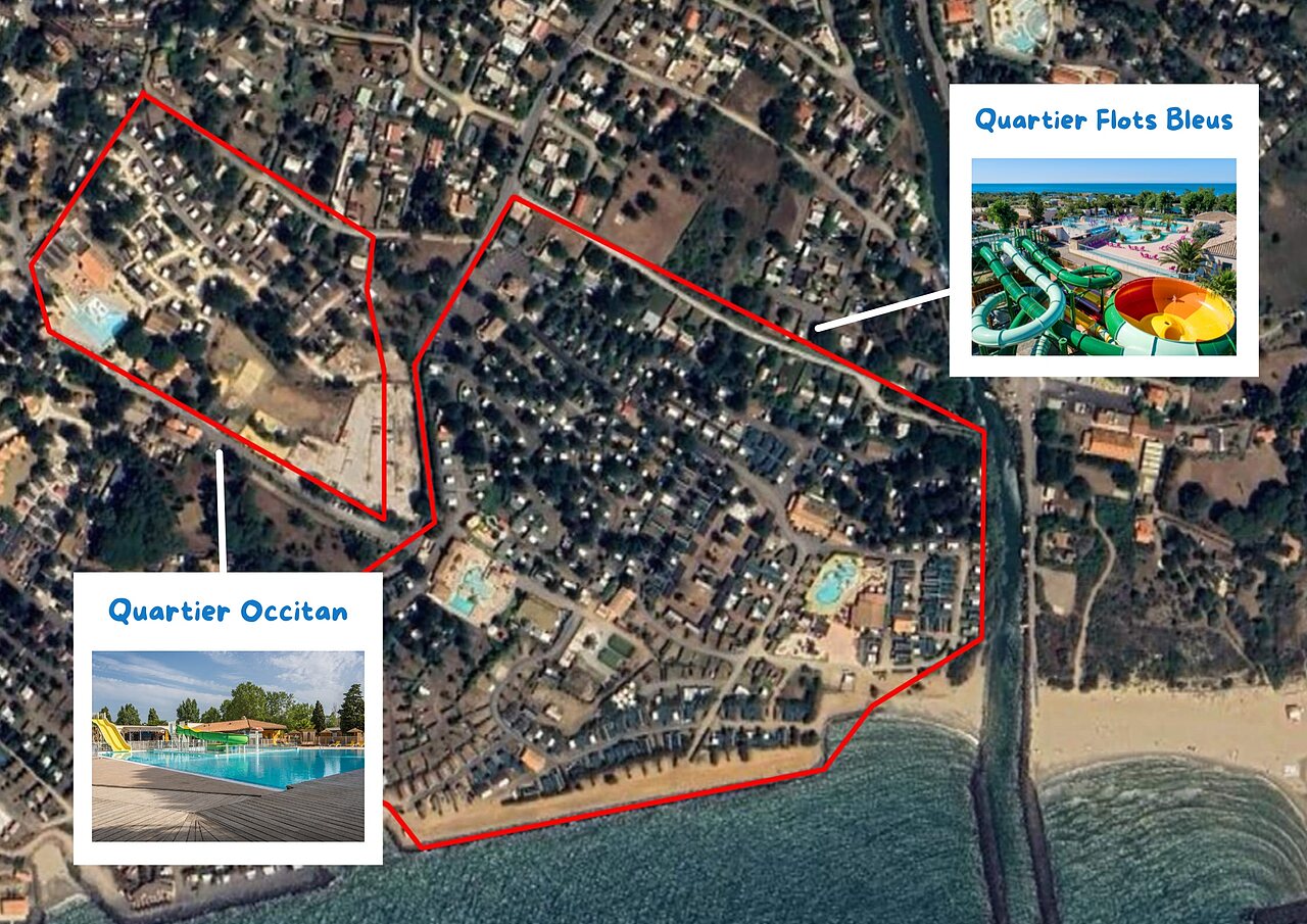 Luchtfoto van de camping met zwembaden en waterglijbanen, CAPFUN Flots Bleus in VIAS PLAGE (34).