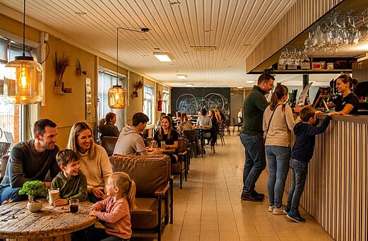 Families genieten van restaurant en bar op camping CAPFUN Fort Bedmar in Sint-Gillis-Waas.