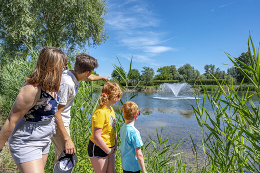 Familie kijkt naar fontein op natuurlijke vijver bij camping CAPFUN Fort Falabraque in Seltz (67).