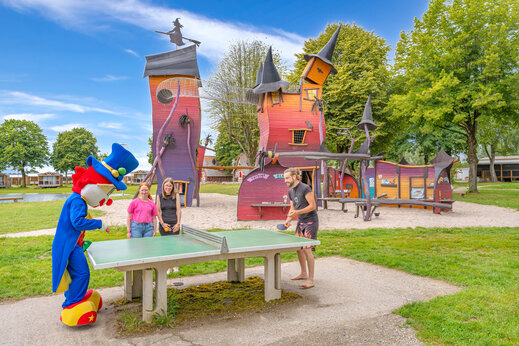 Thematische speeltuin en tafeltennistafel op camping CAPFUN Fort Falabraque in Seltz (67).