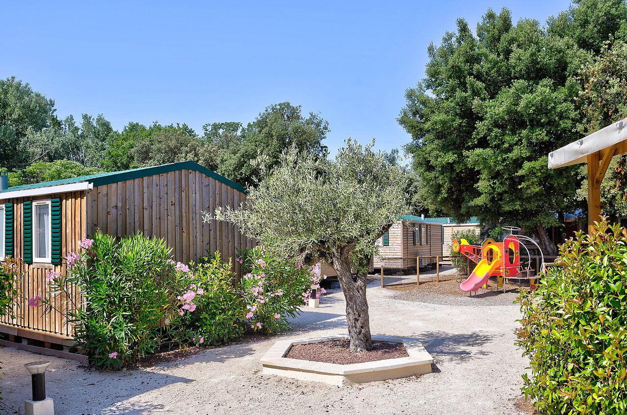 Houten accommodaties, kinderspeeltuin op camping CLICOCHIC Gorges du Gardon in VERS PONT DU GARD (30).