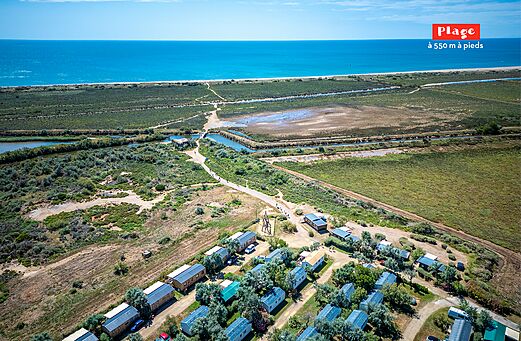 Luchtfoto camping, stacaravans en strand op 550m, CAPFUN Grande Cosse, Saint Pierre la Mer (11).
