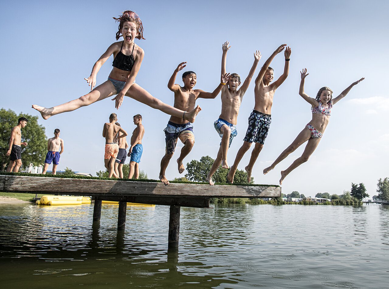 Kinderen springen vrolijk van een steiger in het meer op camping CAPFUN Groene Eiland in Appeltern.
