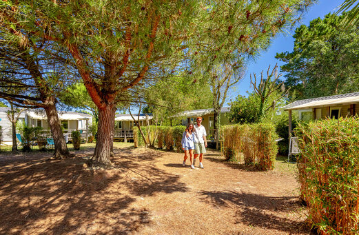 Schaduwrijke laan met stacaravans en stel op camping VAGUES OCEANES Grosses Pierres in Saint-Georges-d'Oléron (17).