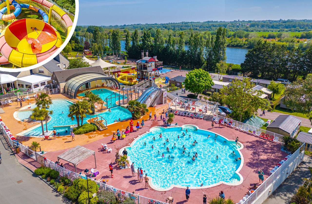 Waterpark, buiten- en binnenzwembaden, glijbanen op camping CAPFUN Hautes Coutures BENOUVILLE (14).