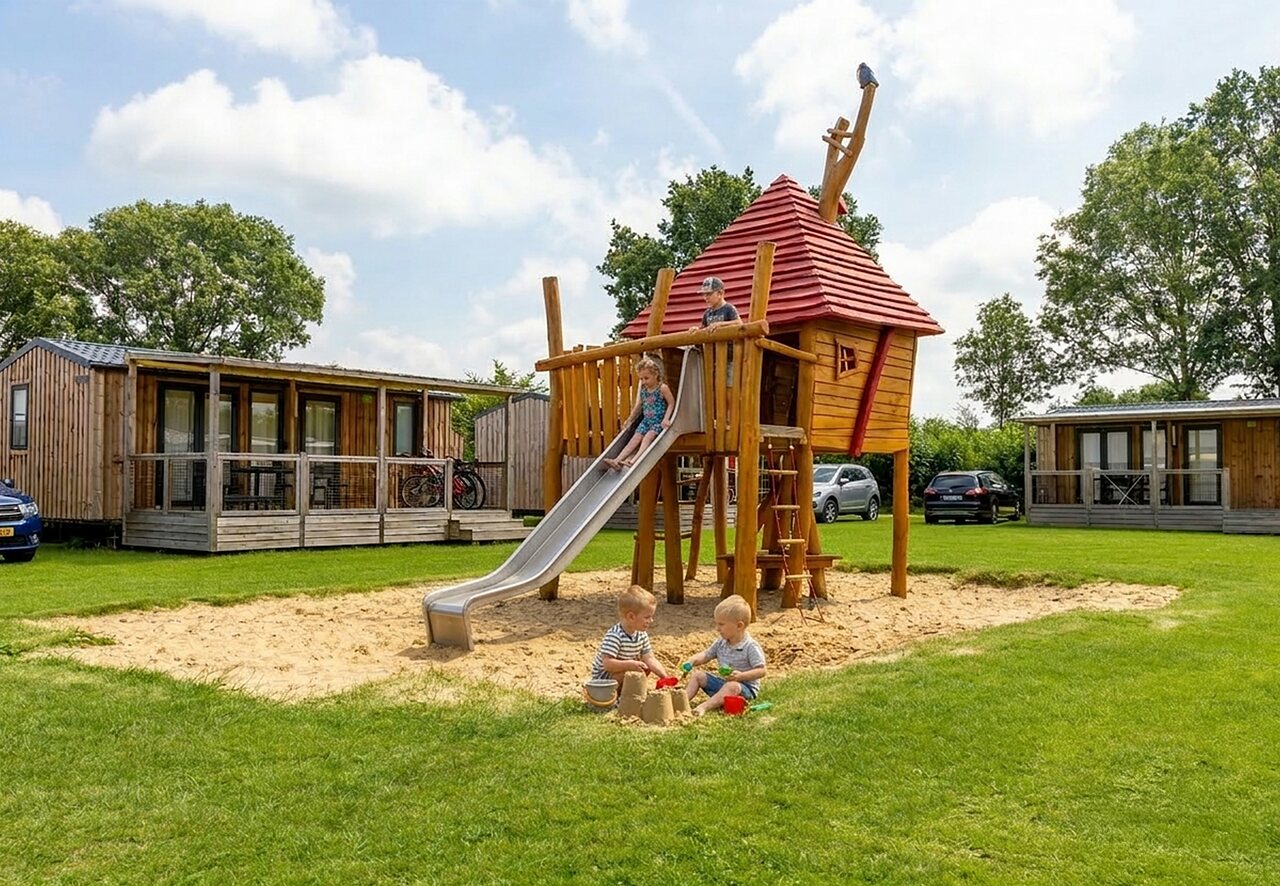 Houten speeltuin met glijbaan en kinderen, stacaravans op camping CAPFUN IJsselstrand in Doesburg.