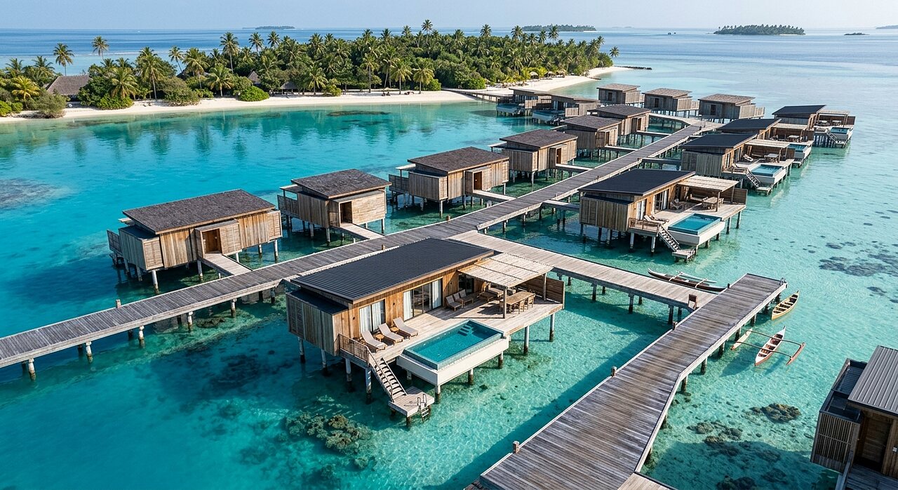 Mobil-homes op palen met priv�zwembaden, tropisch strand op camping CAPFUN Joe Cook Island.