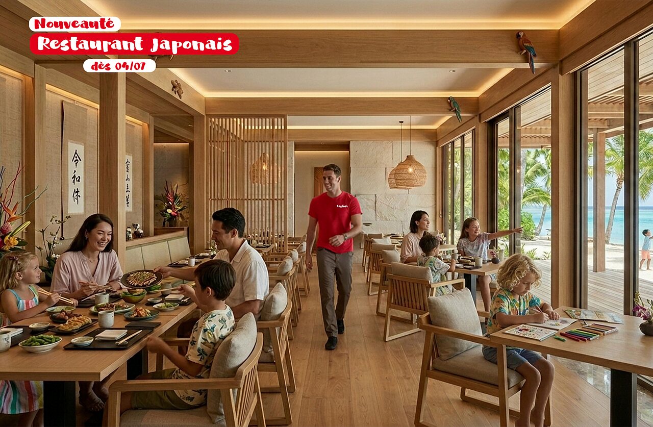 Modern Japans restaurant, families dineren, zeezicht op camping CAPFUN Joe Cook Island.