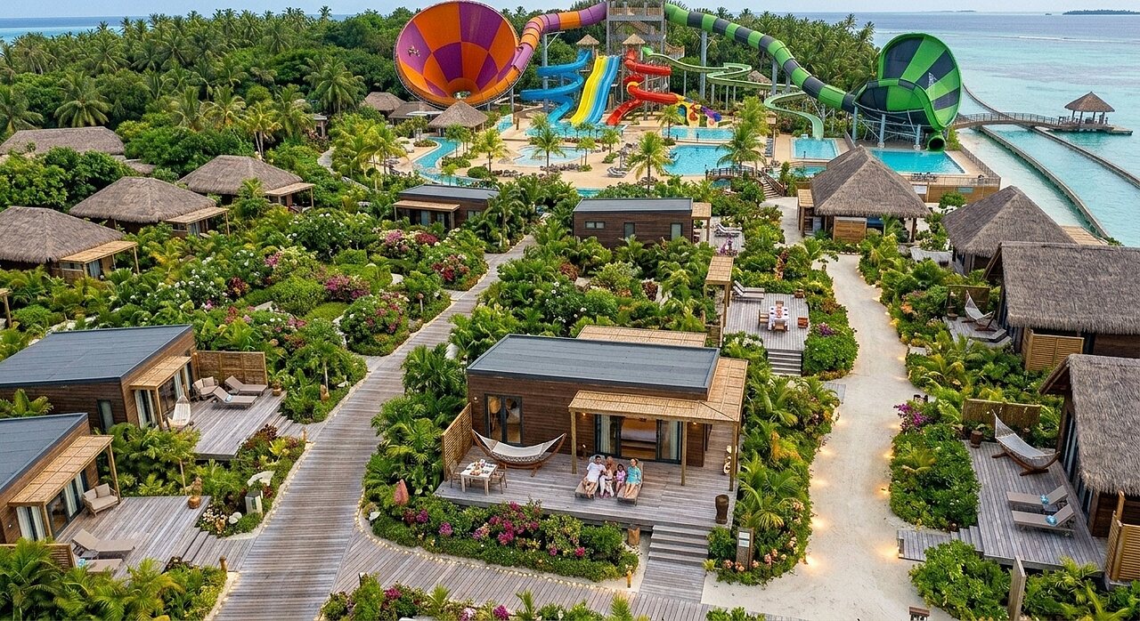 Groot waterpark, kleurrijke glijbanen en tropische Mobil-homes op camping CAPFUN Joe Cook Island.