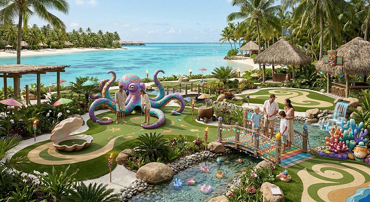 Tropische minigolf met reuzeninktvis en waterval op camping CAPFUN Joe Cook Island.