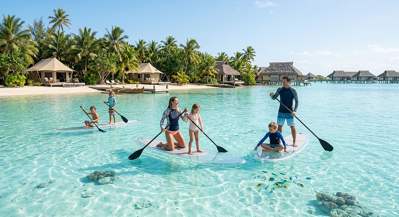 Familie op paddleboard in turquoise water, tropisch strand, op camping CAPFUN Joe Cook Island.