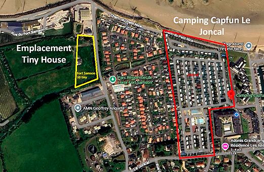 Luchtfoto camping CAPFUN Le Joncal, stacaravans, Tiny House staanplaatsen, Grandcamp - Maisy (14).